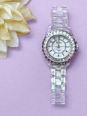 Bora Clear Band Rhinestone Boyfriend Watch Mother of Pearl Face